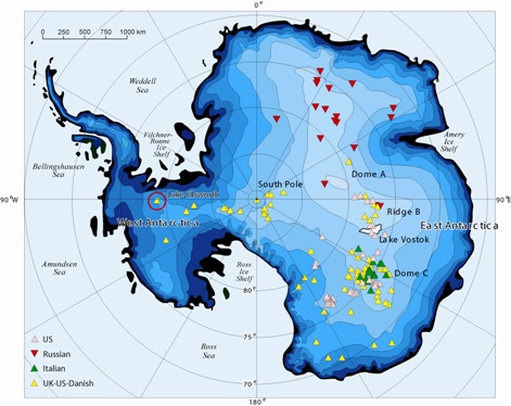 Figure 1. The locations of Antarctic subglacial lakes. Different colours refer to the nation whose geophysical survey was responsible for lake identification. Lake Ellsworth is circled in red.